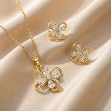 1 Set Stainless Steel Chain With Full Diamond Flower Pendant Necklace And Earrings Jewelry Set, Versatile Elegant Design Necklace And Earrings Jewelry Set, Gift Accessories - Gold - View 5