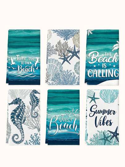2pcs Ocean Themed Hand Towels, Featuring Designs Of Seahorse, Starfish, Seashell, And Coral, Suitable For Kitchen, Bathroom Decor, And Outdoor Parties