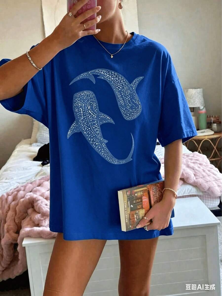 Valentine Outfits For Women2026Blue Whale Shark Simple Printing T-Shirts Women Summer Tops Comfortable O-Neck T Shirt Fashion Casual Women Clothesethiopian Dress Valentines Clothes - 藍色 - 查看 1