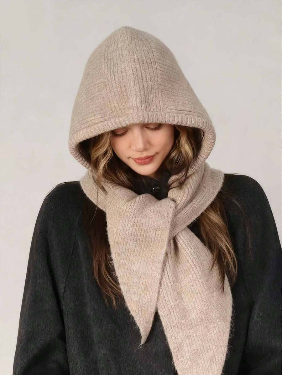 1件装女士秋冬纯色围巾一体式针织帽新款时尚拉法帽休闲百搭围脖保暖披肩针织帽秋冬防寒保暖套头帽适合日常使用 - A - 查看 1