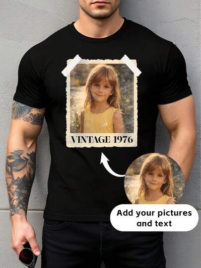 Customized Men's Casual Comfortable Loose T-Shirt, Add Your Own Photos And Text - Featuring Vintage Photo Prints And Personalized Design. You Can Freely Add Your Own Photos, Years, And Text To Capture Precious Memories With A Nostalgic Film-Like Feel. This Is The Perfect Gift For Birthdays, Anniversaries, And Vintage-Style Clothing.