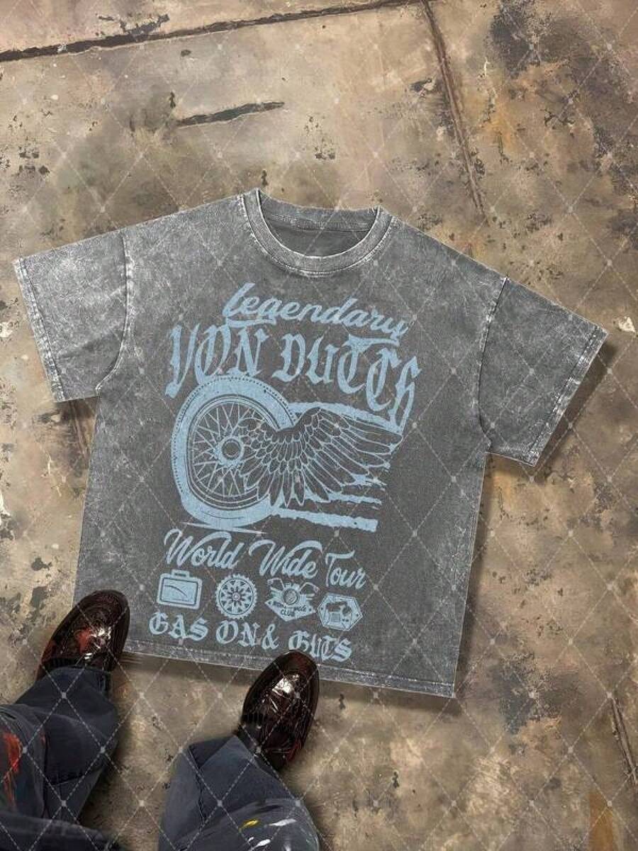 T Shirt Print ,Graphic-Cotton Tees Size Plus, Cartoon Round Neck Short Sleeve, Van Dutch Legendary World Wide Tour Wheel Wing Blue Graphic Men's 230g Combed Washed Cotton T-Shirt, Street Short-Sleeve Top, American Moto Retro Style Apparel, Spring Summer Crew Neck Top, Suitable For Summer Daily Casual Wear ,Y2K,Oversized Shirt Men,With Shirt,Summer Tops,Shirt Suitable - Xám - Xem 1