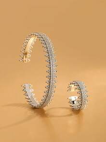 Bộ 1 chiếc vòng tay và nhẫn bạc/vàng cao cấp đính đá Cubic Zirconia, thích hợp đeo hàng ngày và trong các dịp lễ hội, có thể điều chỉnh độ mở. - Bạc - Xem 6