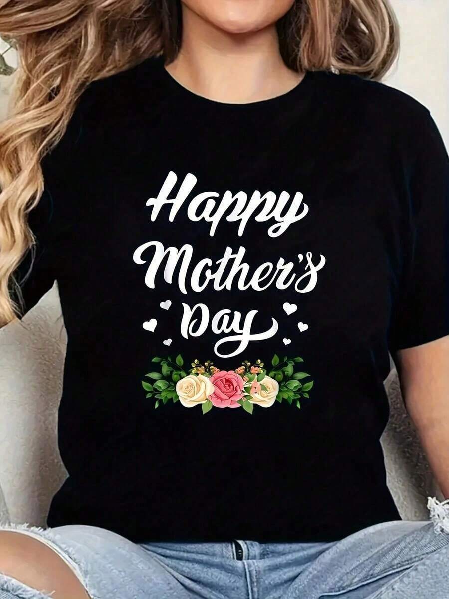 Camiseta Casual para Mujer con Estampado Floral "Feliz Día de la Madre", Transpirable y Cómoda, Manga Corta, Cuello Redondo, Estampado de Rosas y Corazones, Algodón Suave, Perfecta para Uso Diario y Estilo Urbano para el Día de la Madre - Negro - Ver 1