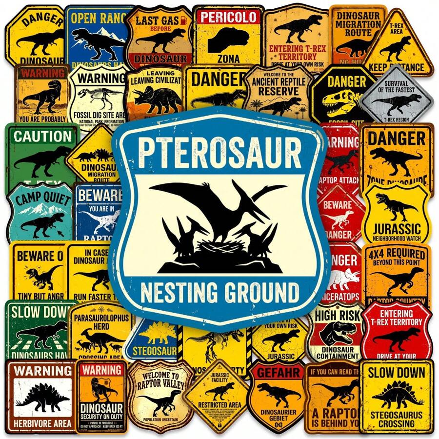 50pcs Vintage Dinosaur Warning Stickers, Creative Jurassic Decor Waterproof Stickers Suitable For Luggage And Skateboards - 50 Retro Dinosaur Warning Stickers - View 1