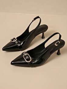 Women's Summer Solid Color Fashion Commuter Metal Buckle Decor Pointed Toe Stiletto High Heel Sandals With Outdoor Snap Back Strap - Black - View 7