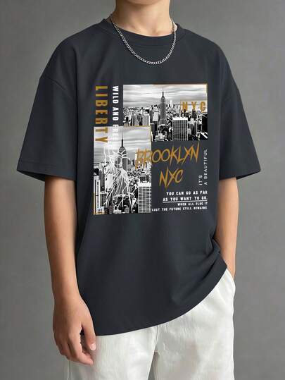 Áo thun nam tuổi teen in hình New York Brooklyn, kiểu dáng rộng rãi, họa tiết đường chân trời thành phố cổ điển, chất liệu mềm mại, thoải mái, thích hợp cho đi học và mặc hàng ngày vào mùa hè.
