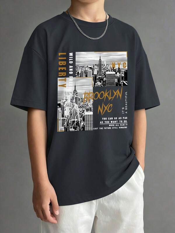Áo thun nam tuổi teen in hình New York Brooklyn, kiểu dáng rộng rãi, họa tiết đường chân trời thành phố cổ điển, chất liệu mềm mại, thoải mái, thích hợp cho đi học và mặc hàng ngày vào mùa hè.