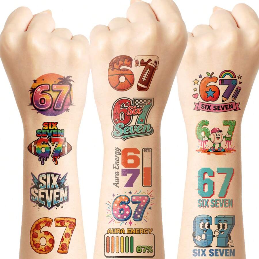 FTVLTAT 10 piezas de pegatinas de tatuajes temporales divertidos con el tema "67" - Jerga de Internet sin sentido, 80 diseños gráficos humorísticos, pegatinas de tatuajes con estética Y2K y energía, pegatinas de Body de dibujos animados retro de graffiti callejero, accesorios de regalo de fiesta de cumpleaños - Multicolor - Ver 1