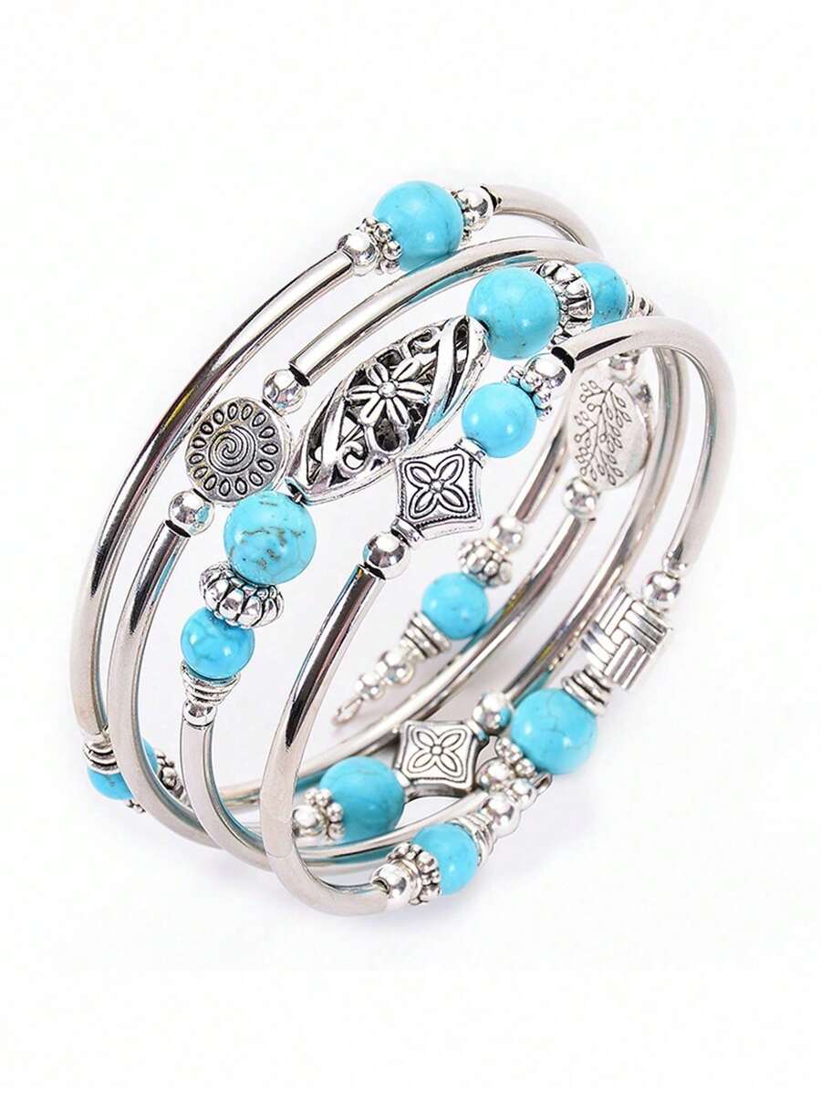 1件简约绿松石多层串珠手链，时尚百搭，女士必备 - 藍色 - 查看 1