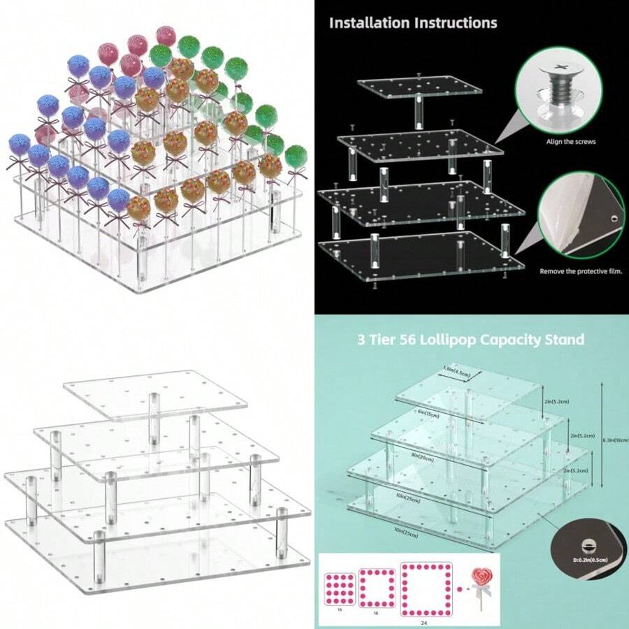 Soporte de exhibición de acrílico para tartas 3 niveles para mostrar dulces pasteles y piruletas en fiestas y eventos - Transparente - Ver 1