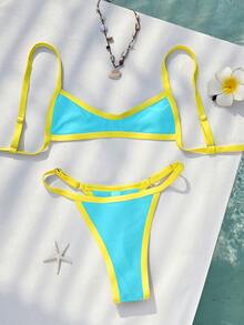 Damen-Bikini-Badeanzug, braun-gelbes kurzes Crop-Top und Unterteil-Set, modisch für Ausflüge, Fitness, Y2K-Urlaub, Musikfestivals, Sommer-Strandmode - See blau - Übersicht 6