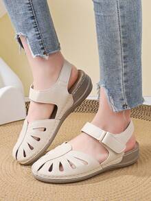 1 Pair Lightweight, Comfortable, Commute-Friendly Handmade Slip-On Wedge Sandals With Toe Protection, Lychee Textured Material, Women's Hook And Loop Sandals - Beige - View 1