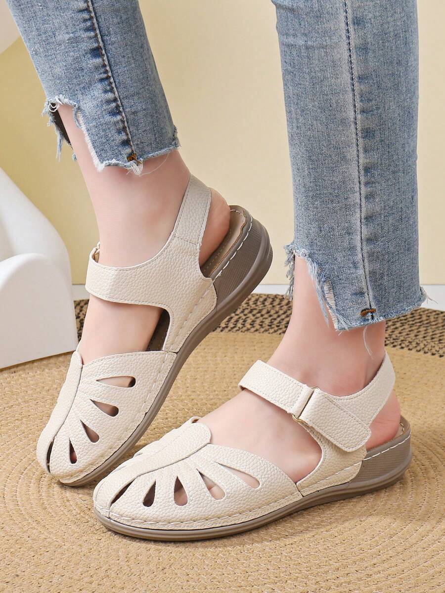 1 Pair Lightweight, Comfortable, Commute-Friendly Handmade Slip-On Wedge Sandals With Toe Protection, Lychee Textured Material, Women's Hook And Loop Sandals - Beige - View 1