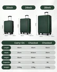 20 Inch 24 Inch 28 Inch Luggage Suitcase Carry On Cabin ABS Spinner Wheels Password Lock Lightweight 3 Piece Set Small Medium Large Holiday Travel - 墨綠色 - 查看 3