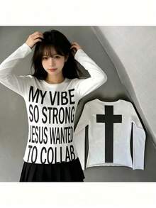 Streetwear, Hip Hop, Goth, Rock, Harajuku, Y2K, Chic, Emo, Girl, Letter Print, Grunge, Women's Patterned Long Sleeve T-Shirt, Harajuku Style. Wear It Alone In Spring And Summer, Care Required For Fall And Winter. - White - View 9