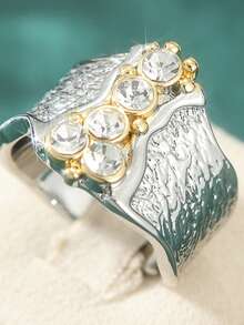 优雅宽版合成白色锆石镶嵌女士订婚、周年纪念及日常佩戴戒指，珠宝礼品 - 銀色 - 查看 12