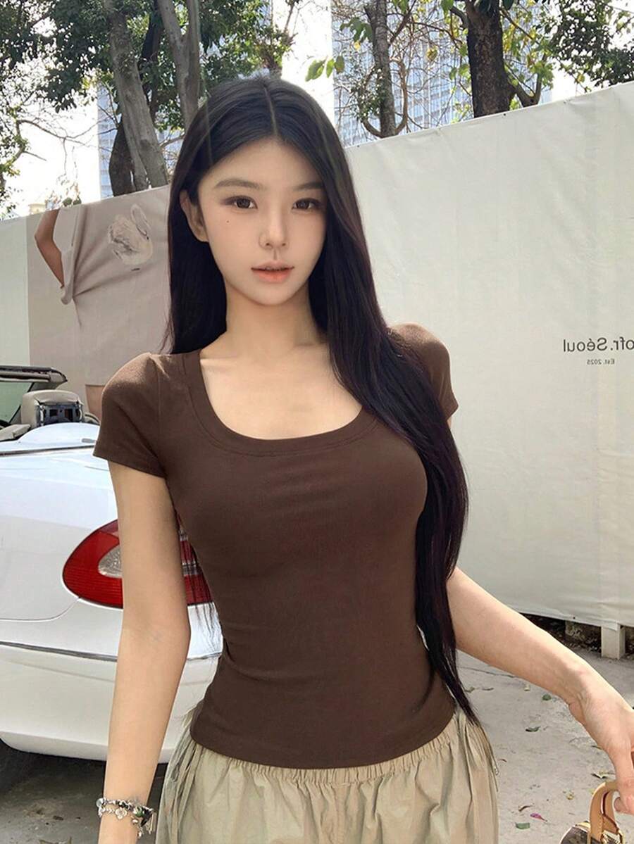 U-Neck Short Sleeve T-Shirt, Stretchy Slim Fit Solid Color All-Match Tee Casual Summer - Coffee Brown - View 1