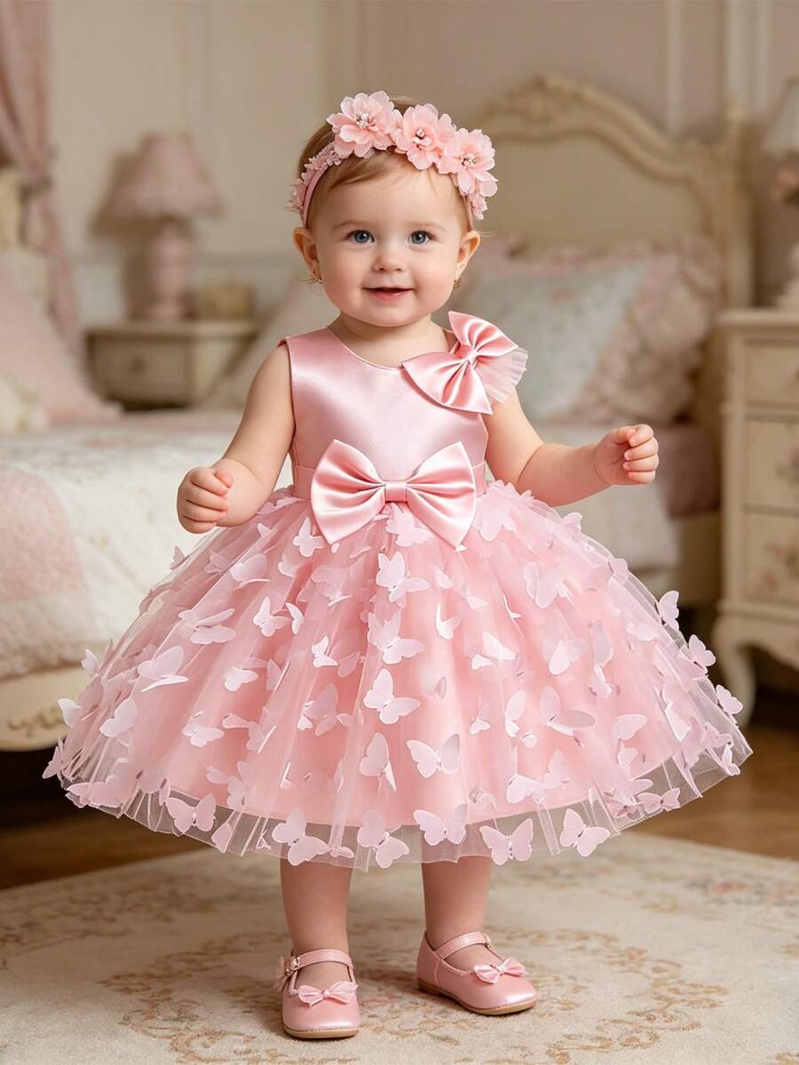 Baby Girls' Elegant Bow Decor Dress, Infant Toddler Flower Girl Wedding Birthday Dress - Pink - View 1