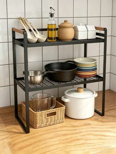 Scaffale di stoccaggio a strato singolo/doppio, realizzato in materiale robusto e durevole, con maniglie in legno spesse che offrono un'eccellente texture. Il design a doppio strato vuoto sfrutta al meglio lo spazio verticale con una struttura rinforzata, servendo come soluzione di stoccaggio perfetta per i piani di lavoro della cucina per mantenerli ordinati e organizzati.