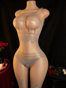Bodys de encaje tentador sexy con medias de rejilla - Gris - Ver 1