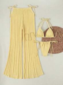 Set Bikini Halter Kotak-kotak Kuning 3 Potong, Penutup Berbentuk Jala, Pakaian Renang Gaya Liburan Seksi - MultiWarna - View 3