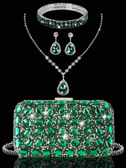 Luxurious New Women's Evening Clutch, Sparkling Rhinestone Box Clutch, Paired With A Sparkling Rhinestone Jewelry Set Of Three Pieces, Including A Delicate Pendant Necklace, Earrings, And Bracelet, Matched With A Sparkling Sequin Evening Dress Or Glittery Party Dress, Suitable For Parties, Gatherings, Dinners, And Dances.