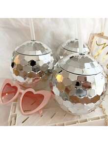 2pcs Sparkly Disco Ball Cup - Set Of 2/1 Silver Flash Ball Sipper With Straw, Leak Proof Tumbler For Bachelorette Party Favors, Retro Disco Themed Party Supplies - A - View 2