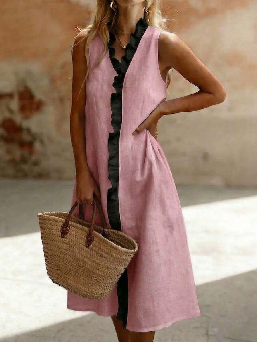 Elegante vestido midi de lino sin mangas con volantes y bloques de color para mujer - rosa - Ver 1
