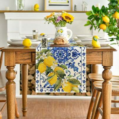 Lemon Blue And White Ceramic Table Runner, Seasonal Spring Kitchen Dining Table Decor For Home Party, 13x35/13x47/13x59/13x72/13x90/13x108 Inches