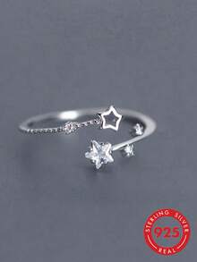 HuooNew 1pc Minimalist 925 Sterling Silver Star Open Ring, Adjustable Size Gift For Women - Silver - View 3