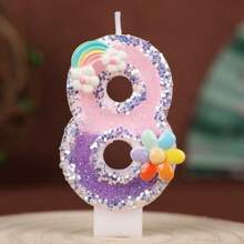 1 buah Lilin Ulang Tahun Angka 0-9 Pelangi 6 Warna dengan Glitter, Payet & Hiasan Warna-warni, Lilin Buatan Tangan Kreatif untuk Pesta Ulang Tahun, Dekorasi Kue - View 3