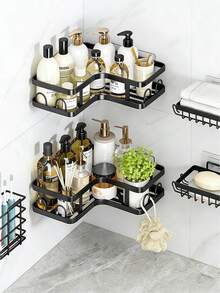 No-Drill Adhesive 5-Piece Corner Bathroom Shelf Set – Large Capacity, Space-Saving Storage Rack Available In Two Colors (Black/White), Includes A Soap Dish, Toothbrush Holder, And Hooks. Waterproof And Rustproof, Suitable For Kitchens, Dining Rooms, Parties, And Makes A Great Gift For Friends And Family, Christmas Decoration, Home Décor, Valentine's Day Gift, Family Gift, And Room Decor. - màu đen - Xem 2
