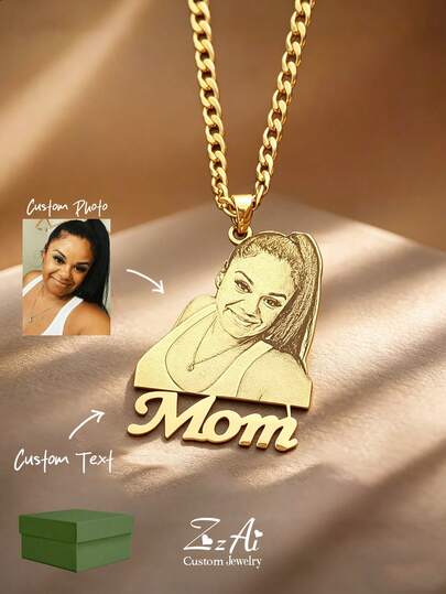 1pc Personalized Photo Engagement + Text Necklace, Custom Photo Engraved, 18k Gold Portrait Pendant, Personalized Family/Pet Jewelry, Perfect Gift, Comes With Elegant Gift Box, Suitable For Daily Wear And Valentine's Day