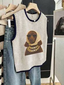 Áo tank top không tay cổ tròn mới cho nữ mùa Thu/Đông, in hình chú chó Dachshund cá tính đội khăn trùm đầu và đeo kính thời trang, áo tank top màu kaki phối len dệt kim tương phản, áo len dệt kim dáng rộng cho nữ sinh, áo khoác ngoài thường ngày cho nữ mùa thu, mặc hàng ngày, tốt nghiệp mùa hè. - Nhiều màu - Xem 3
