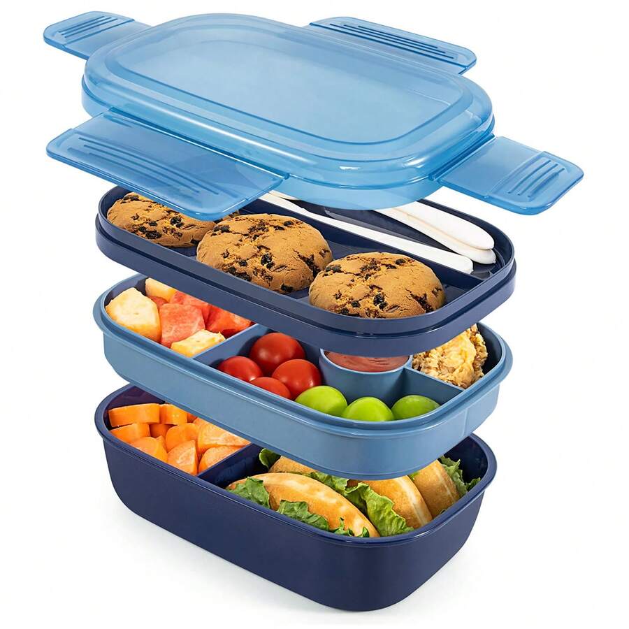 Caperci Stackable Bento Box For Adults, 55 Oz 3-Tier Lunch Box With Compartments, Built-In Utensil Set, Leakproof Lunch Container For Work - Multicolor - View 1
