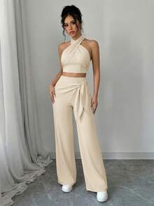 abyoxi 女士杏色三穿扭结露背短款上衣搭配高腰阔腿裤两件套，休闲优雅，适合日常穿着、约会、办公、春夏背心上衣和长裤套装 - 杏色 - 查看 6