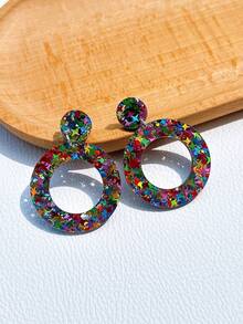 1 par de pendientes de aro geométricos huecos de acrílico, de estilo vacacional de moda, adecuados para fiestas y uso diario, diseño único para mujeres - Multicolor - Ver 2