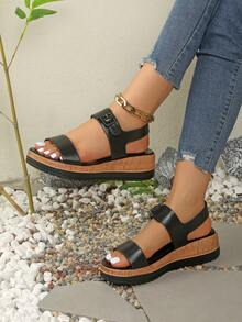 Women's Summer New Vintage Wood Grain Open Toe Roman Sandals, Lightweight Comfortable Wedge Thick Bottom Hollow Out Fashion Sandals - Black - View 5