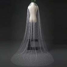 3 metros de largo velo de novia de una sola capa con decoración de perlas falsas, accesorio de novia de catedral con perlas falsas, elegante, para fiesta - Blanco - Ver 5