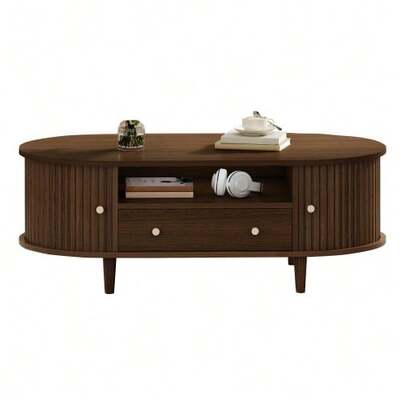 Coffee Table For Living Room, 100 X 50 X 36 Cm, Walnut Wood Finish. Coffee Table With One Drawer And Open Storage Space, Side Table With Roll-Up Door, Living Room Table With Four Support Legs.