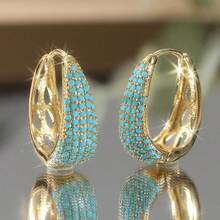 1 Pair Bohemian Luxury Copper Earrings, Hollow Carved Earrings With Synthetic Turquoise, Ideal Accessory For Weddings, Banquets And Parties, Great Gift For Friends And Family - Two-color - View 6