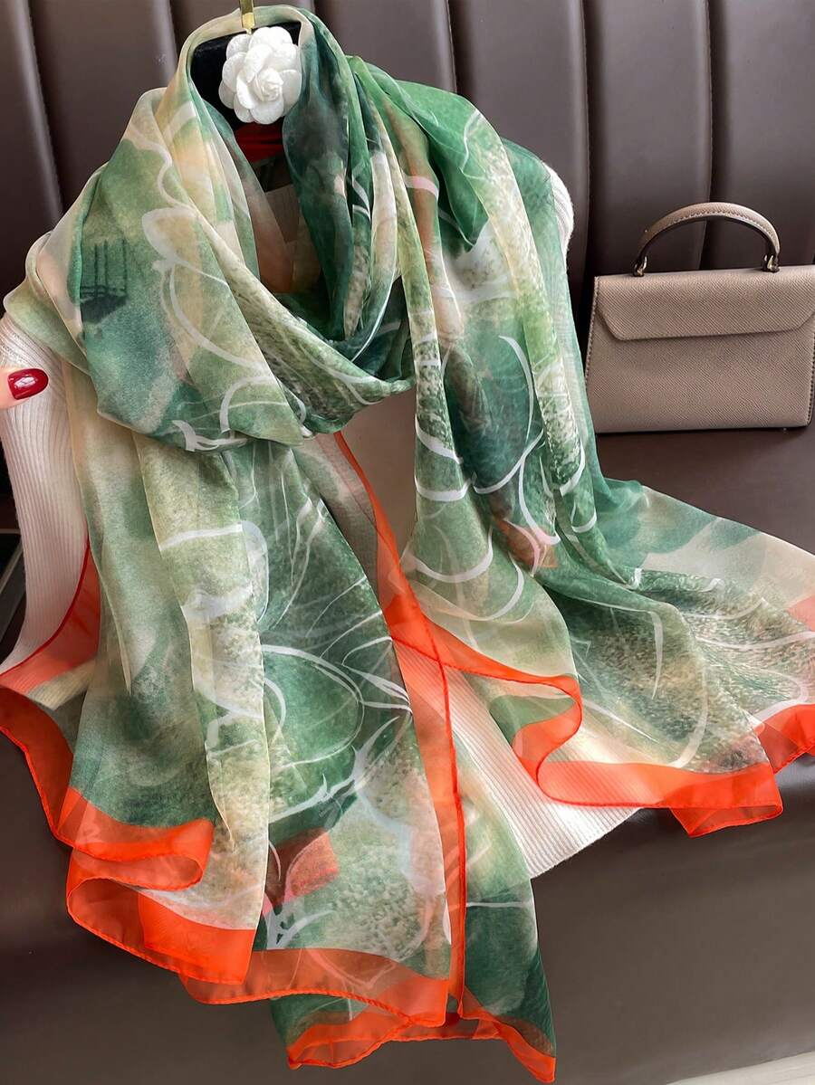1pc Green Floral Chiffon Scarf For Women, Lightweight Versatile Shawl Wrap, Suitable For Spring Autumn Travel Sun Protection,Holiday,Beach Towel - Green - View 1