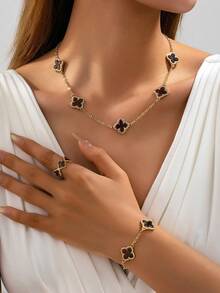 1 pièce Collier fleur, 1 pièce Bracelet fleur, 1 pièce Bague fleur, Ensemble de bijoux à la mode et décontracté avec fleur à quatre feuilles - Marron - Voir 2