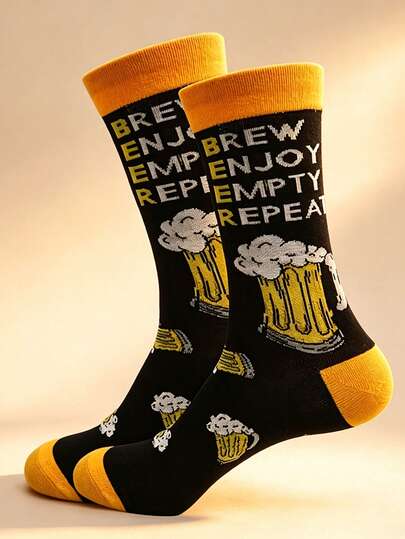 1 par de calcetines tipo tripulación para hombres con estampado de letras con temática de cerveza, calcetines creativos y de moda de alta calidad, transpirables y cómodos, que absorben la humedad, adecuados para uso casual, deportivo, estilo callejero, todo el año