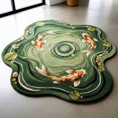 1pc Asymmetrical Green Koi Fish Design Creative Living Room Floor Mat, Bedroom Decor, Home Casual Carpet, Decorative Rug, Washable Carpet