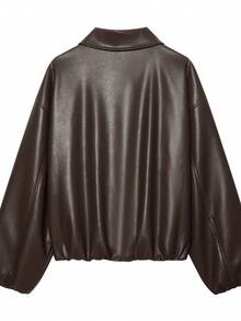 Women's Spring/Autumn Long Sleeve Zip-Up Faux Leather Jacket, Short Casual Fashion New Coat - Coffee Brown - View 8