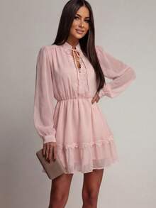 Rikumo Solid Color Elegant Pleated Ruffle/Frill Hem Short Dress, Suitable For Evening Date And Vacation Spring Casual - Baby Pink - View 3