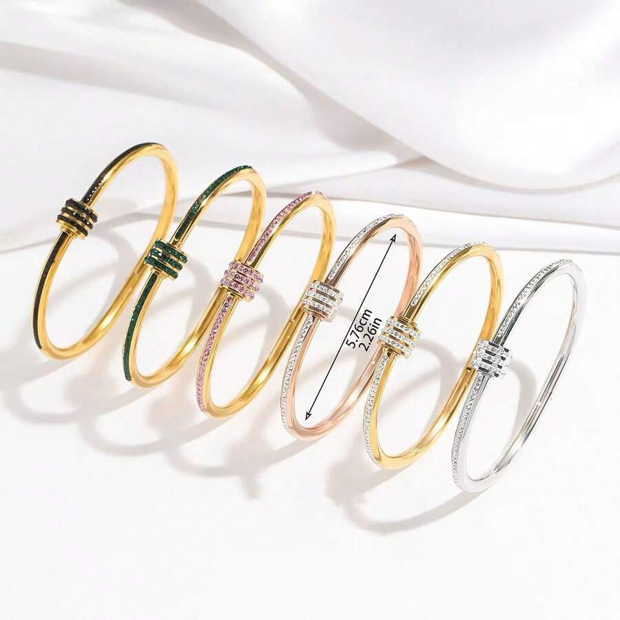 1pc Stainless Steel Rhinestone Decorated Waist Bangle Bracelet, Minimalist Fashion, Non-Fading, Titanium Steel, Elegant - Slim Waist Bracelet - View 1