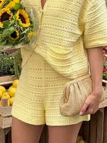 Women's Lemon Yellow Crochet Shorts | High Waist Knitted Casual Shorts With Pockets, Suitable For Daily Wear And Vacation Summer - Yellow - View 1